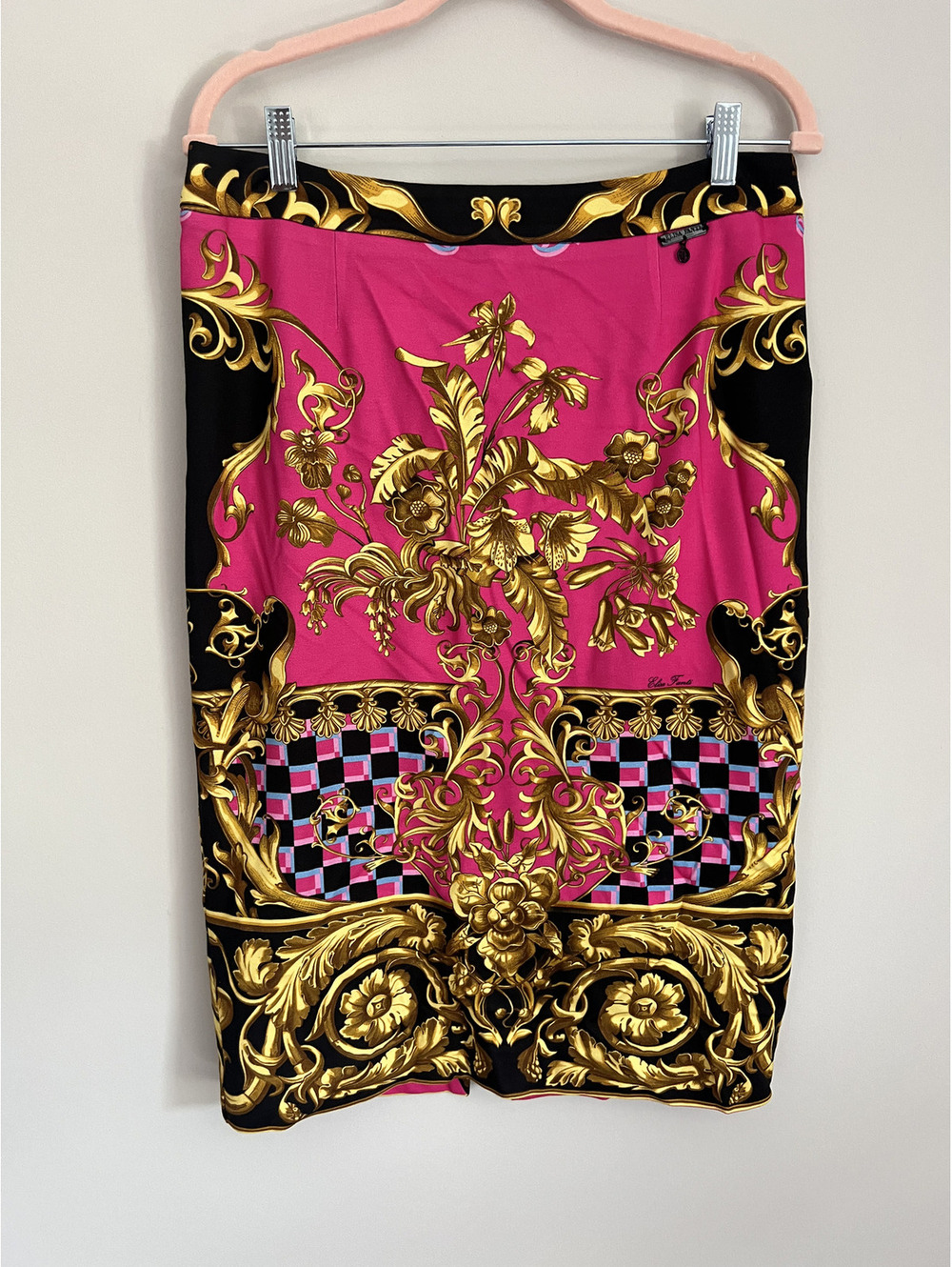 Elisa Fanti Italian 46 US 10 Hot Pink Gold Baroque Print Pencil Skirt